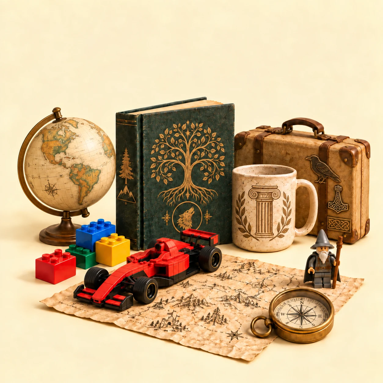 A corner of my interests: a globe, suitcase, map and compass; a LEGO race car, a book and mug with mythological motifs, and a little wizard.