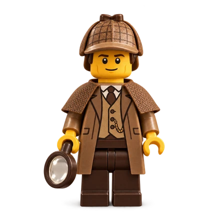 A Sherlock Holmes LEGO minifigure with a deerstalker hat, brown cape and magnifying glass.